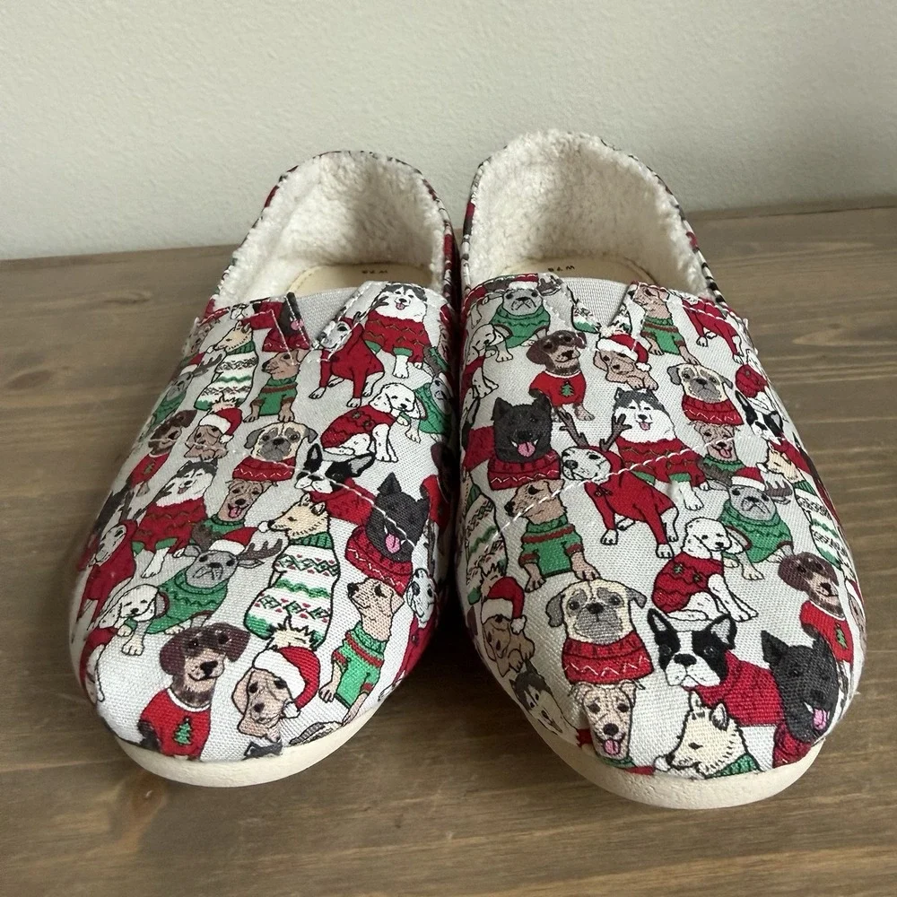 Toms Womens 7.5 Belmont Glacier Holiday Sweater Dogs Slip Ons Flats Fleece Lined